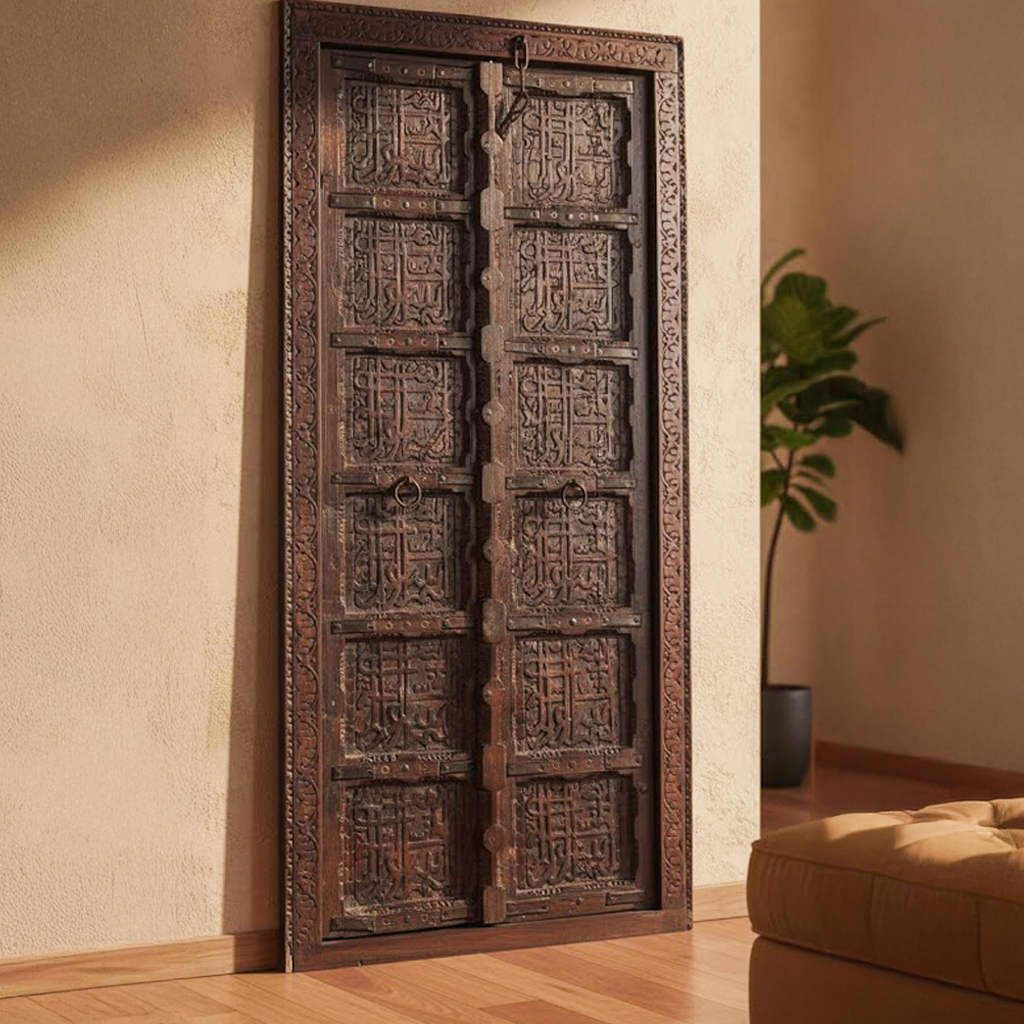 ANTIQUE ARCHED TEAKWOOD DOOR WITH HAND CARVINGS