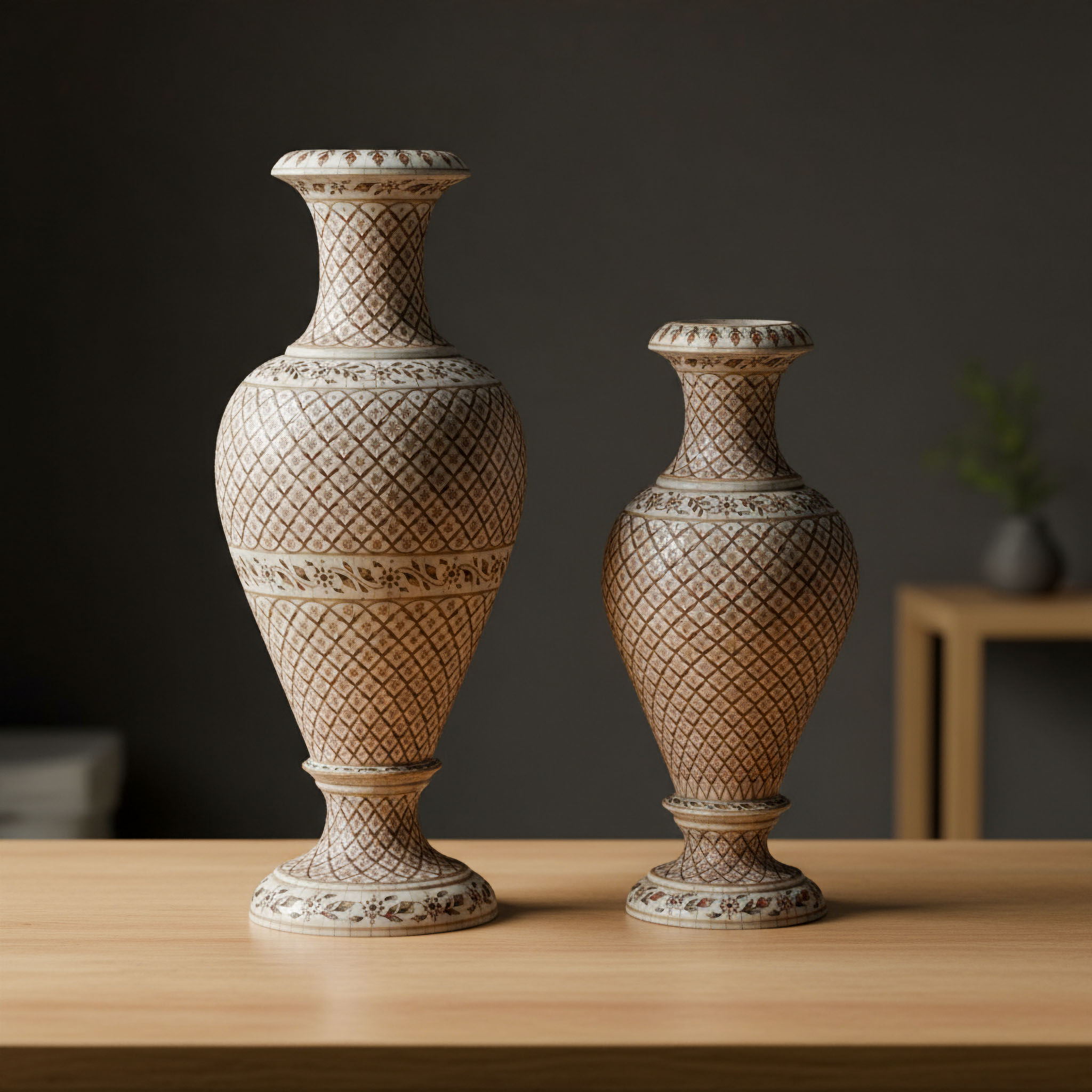 MARBLE VASE PAIR - HAND ETCHED AND PAINTED