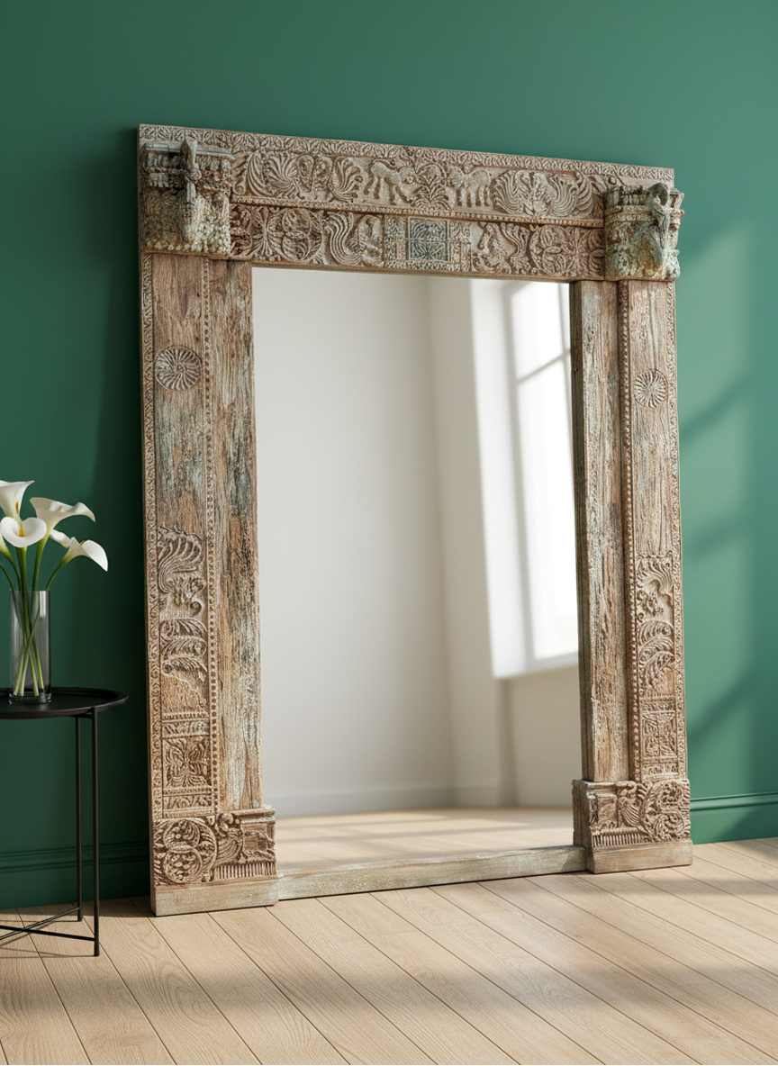 HERITAGE WHITEWASHED MIRROR WITH ELEPHANT & FLORAL RELIEFS