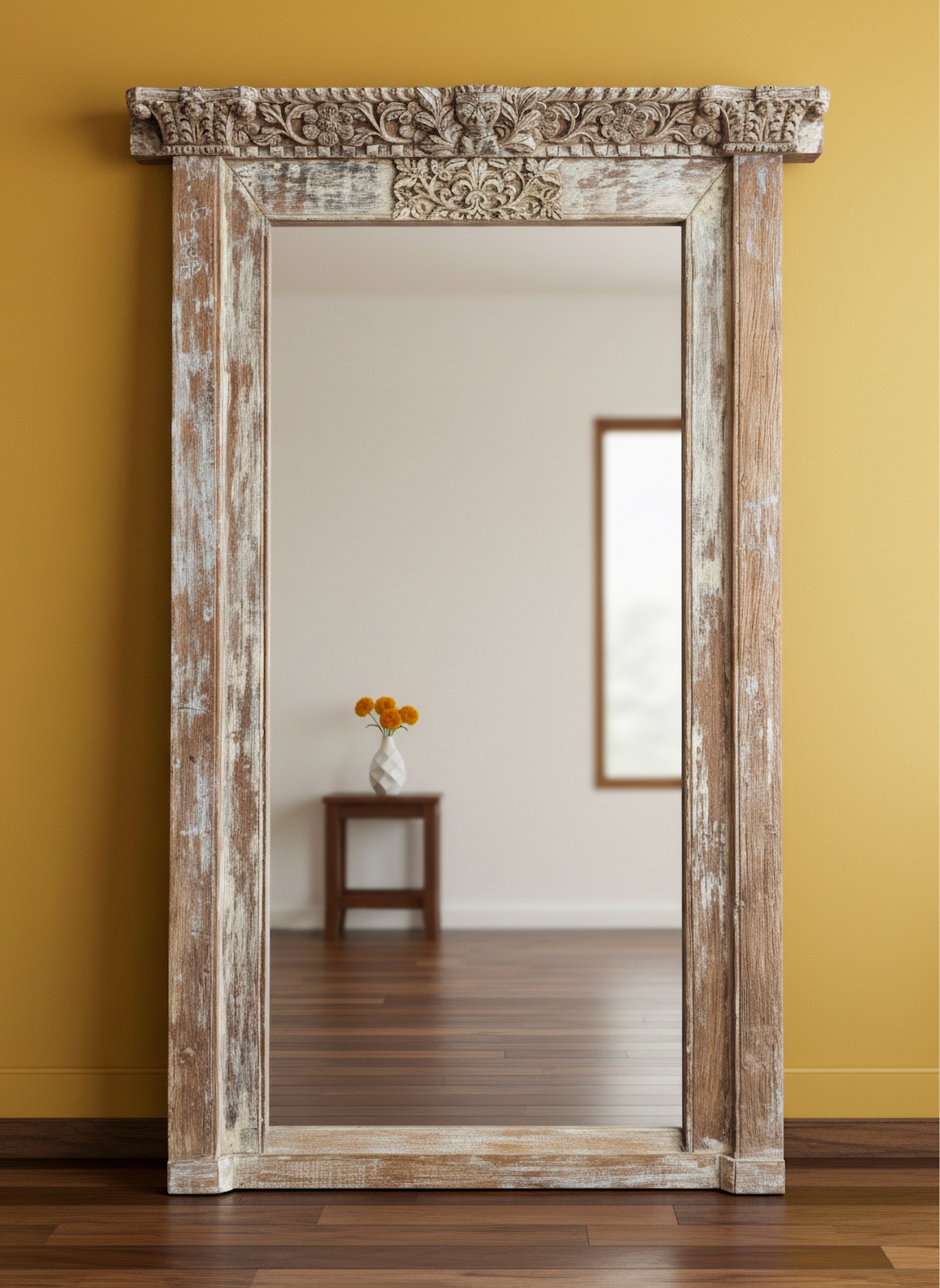 HAND-CARVED MIRROR WITH LOTUS & VINE BORDER WORK